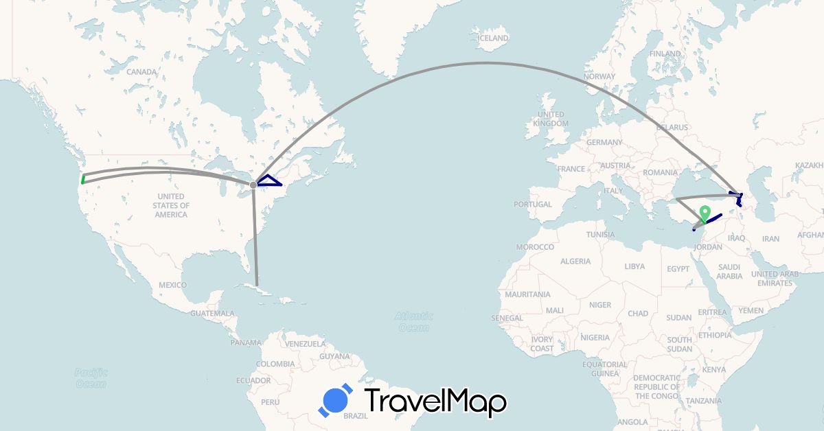 TravelMap itinerary: driving, bus, plane in Armenia, Canada, Cuba, Cyprus, Georgia, Turkey, Ukraine, United States (Asia, Europe, North America)
